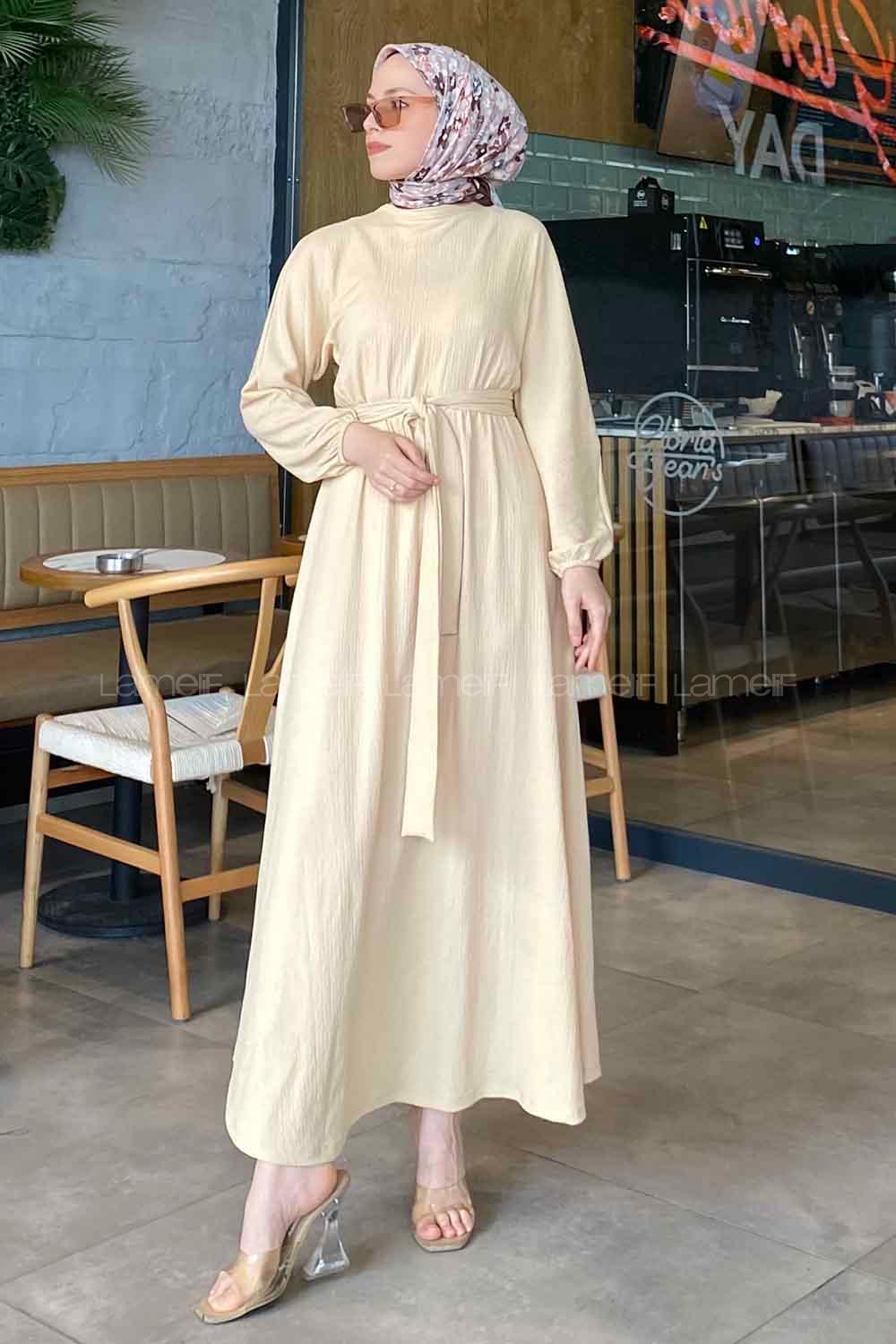 Beige Crew Neck Cotton Fabric Unprinted Dresess