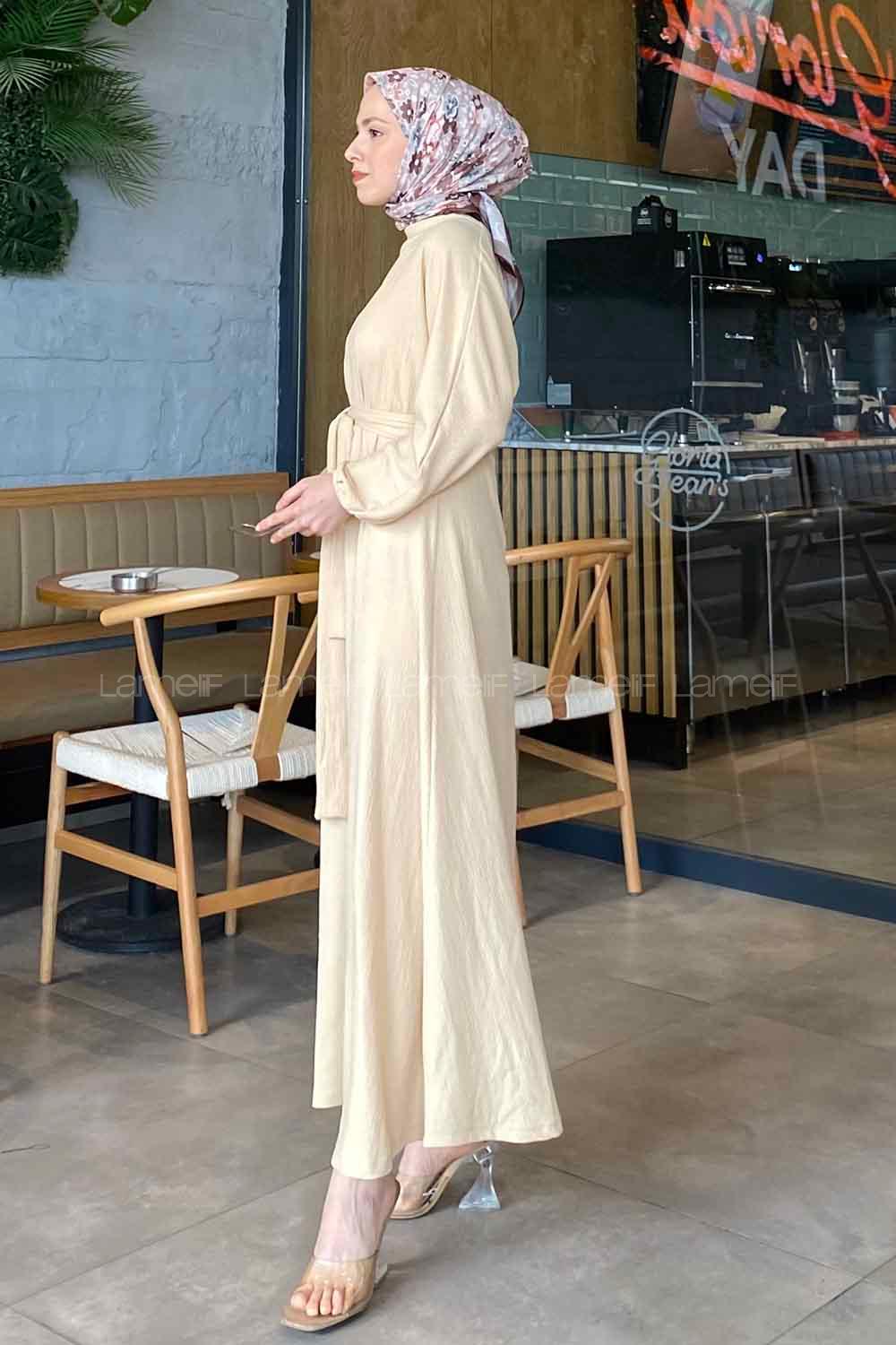 Beige Crew Neck Cotton Fabric Unprinted Dresess