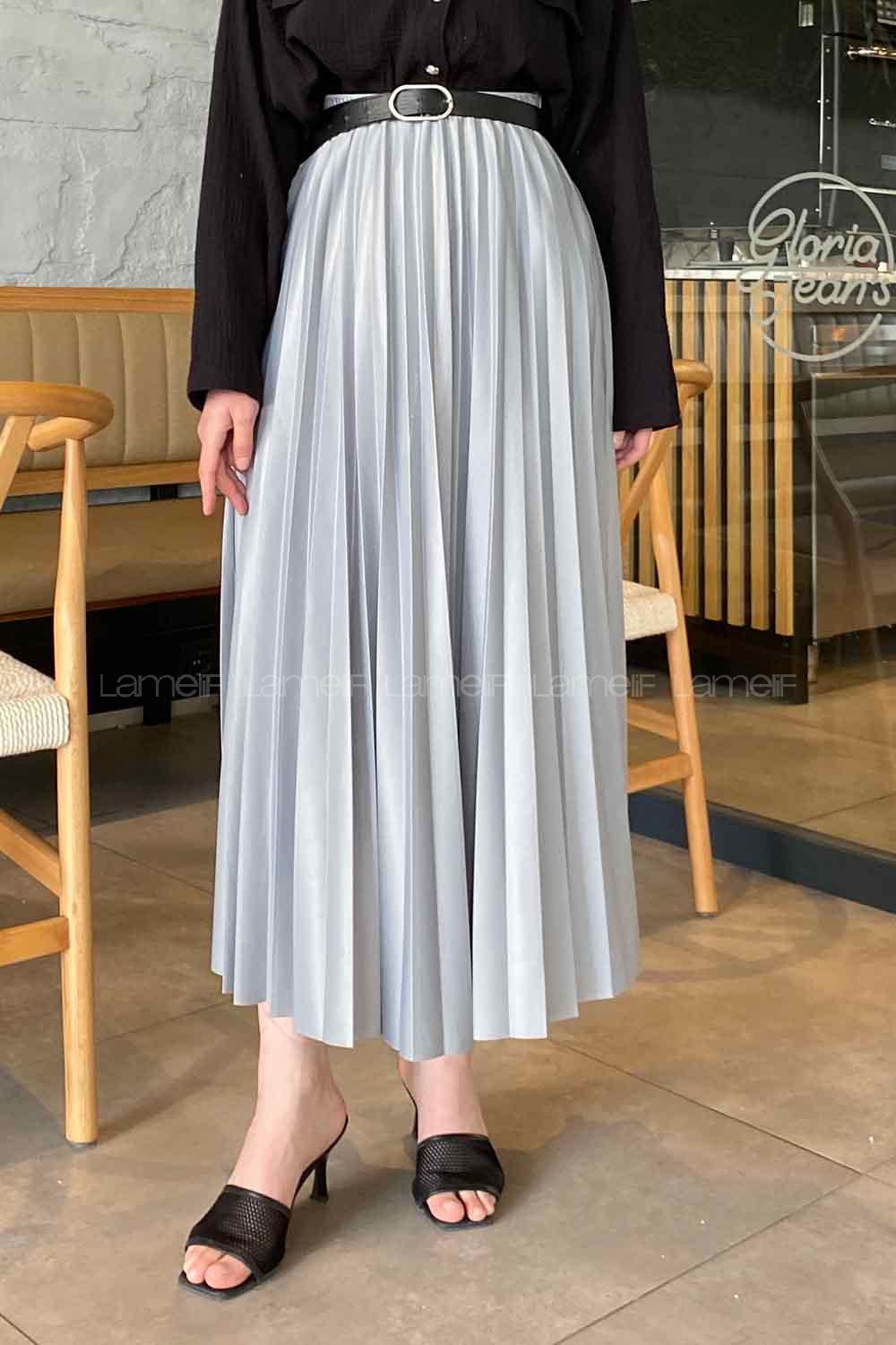 Lamelif Beli Elastik Detaylı Pliseli Etek Gri