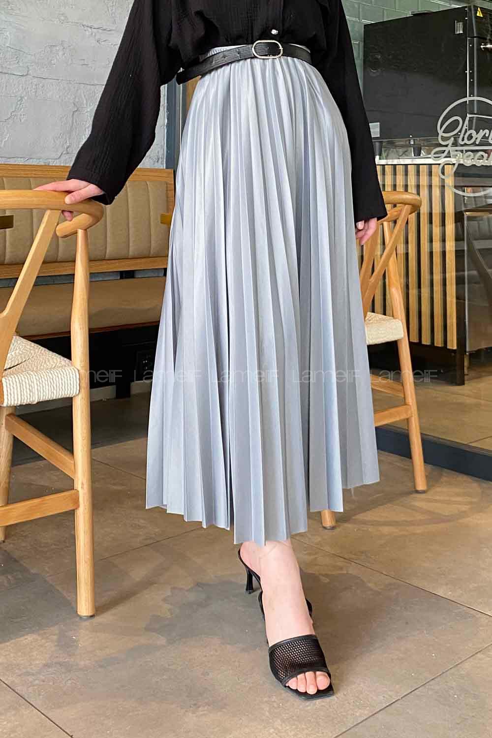 Lamelif Beli Elastik Detaylı Pliseli Etek Gri