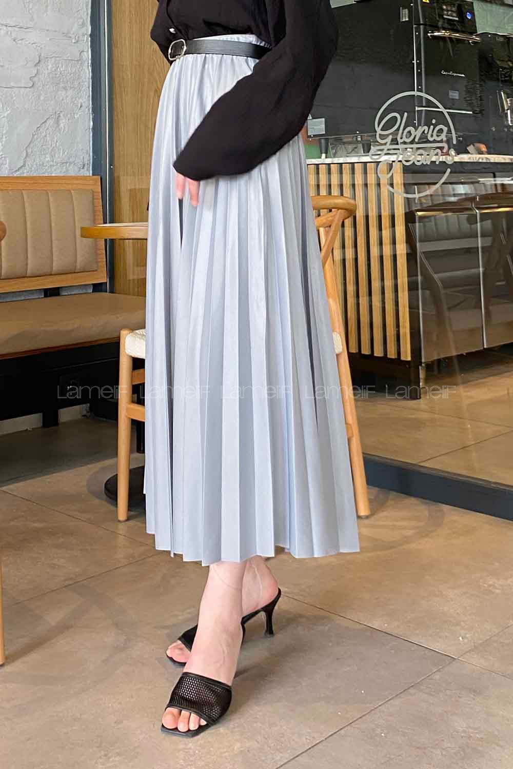 Lamelif Beli Elastik Detaylı Pliseli Etek Gri