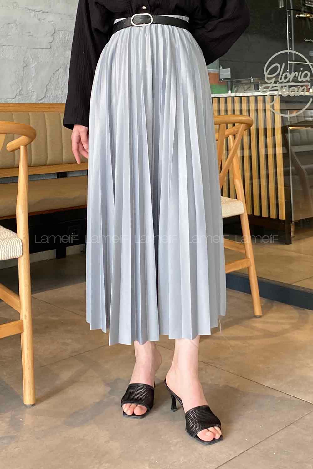 Lamelif Beli Elastik Detaylı Pliseli Etek Gri