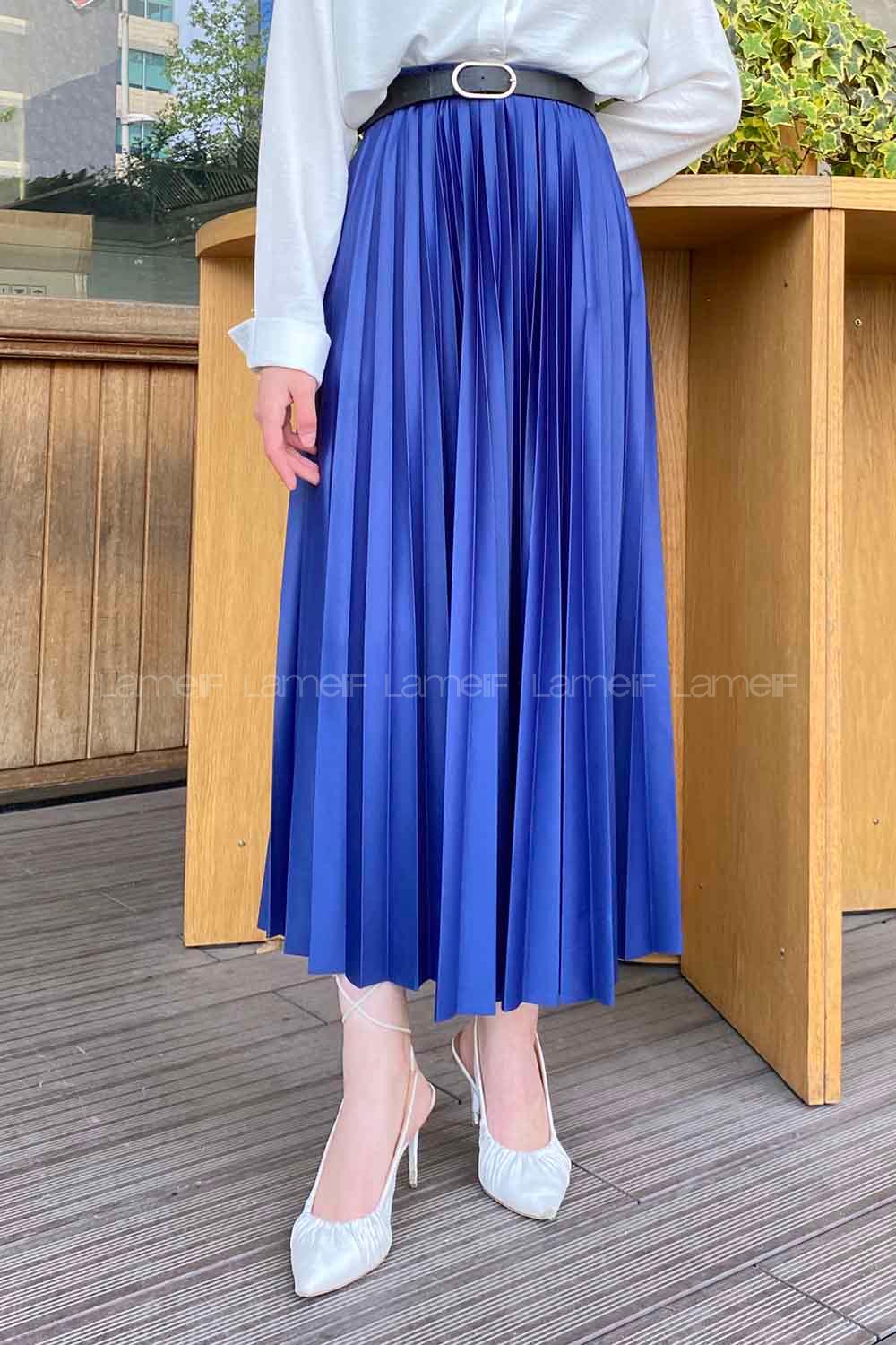 Lamelif Beli Elastik Detaylı Pliseli Etek İndigo