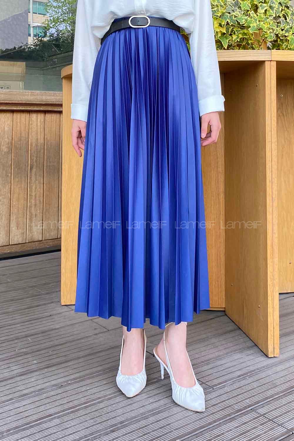 Lamelif Beli Elastik Detaylı Pliseli Etek İndigo