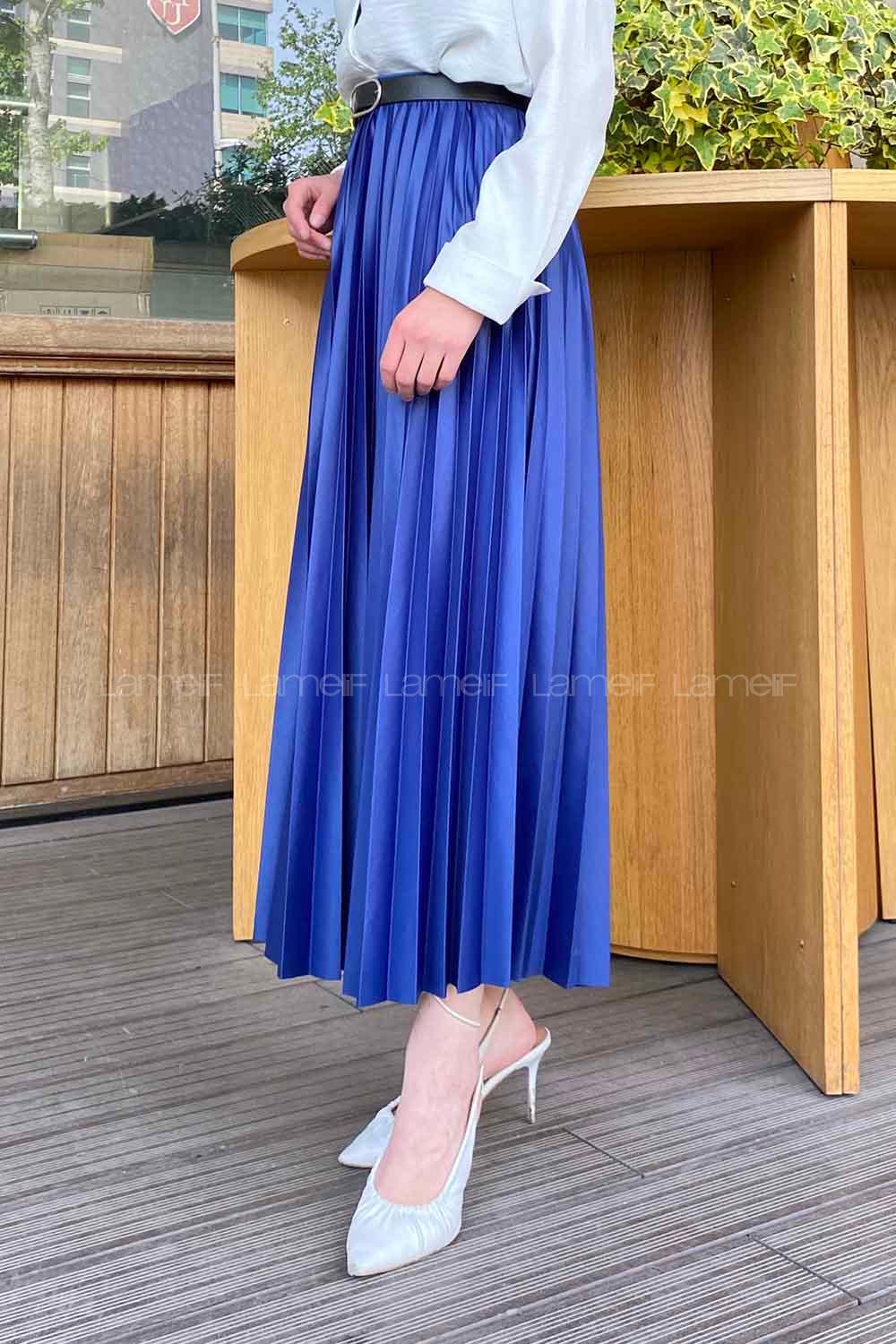 Lamelif Beli Elastik Detaylı Pliseli Etek İndigo