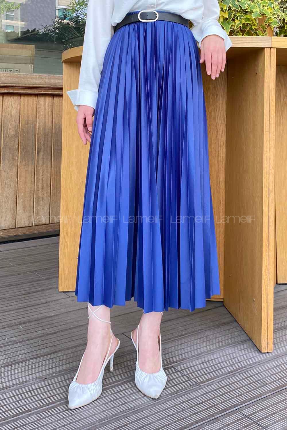 Lamelif Beli Elastik Detaylı Pliseli Etek İndigo