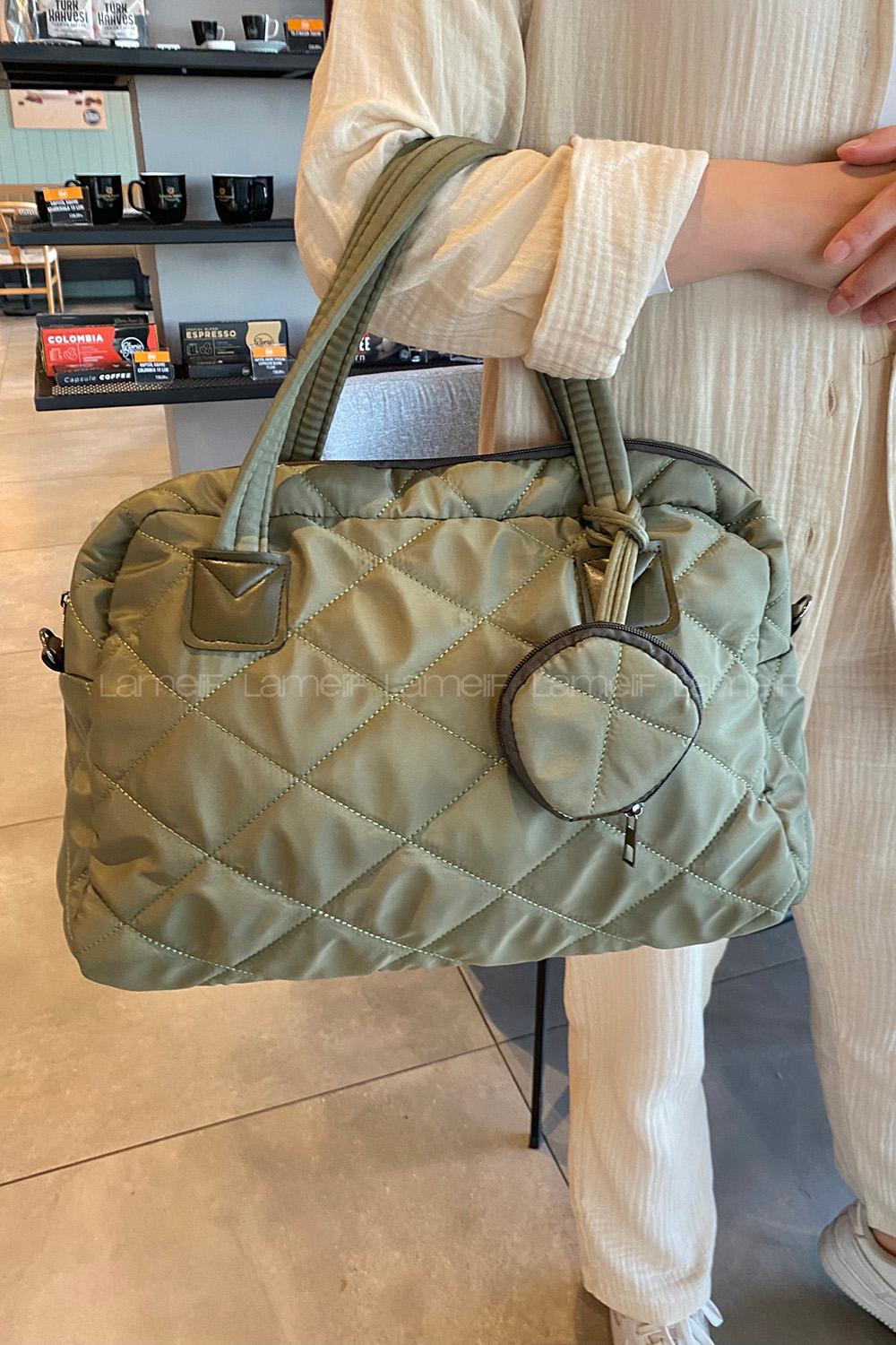 Lamelif  Cüzdan Aksesuarlı Barrel Kapitone Çanta Haki