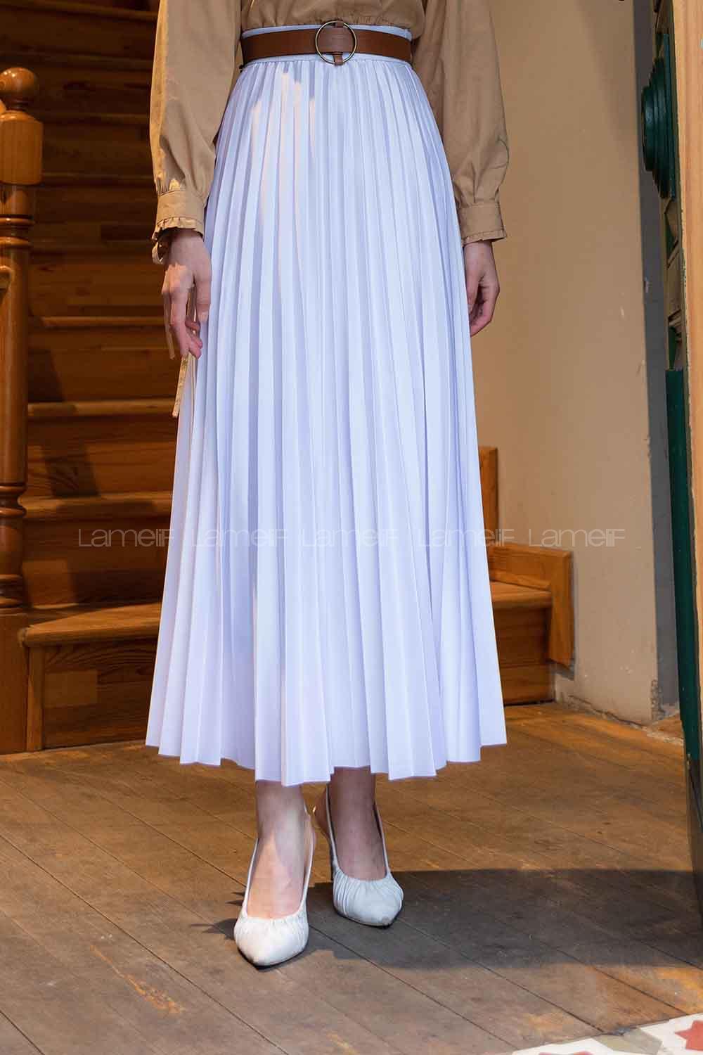 Lamelif Pliseli Etek Beyaz