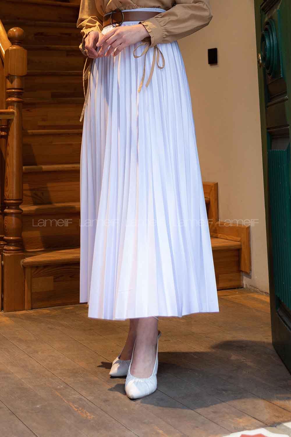 Lamelif Pliseli Etek Beyaz