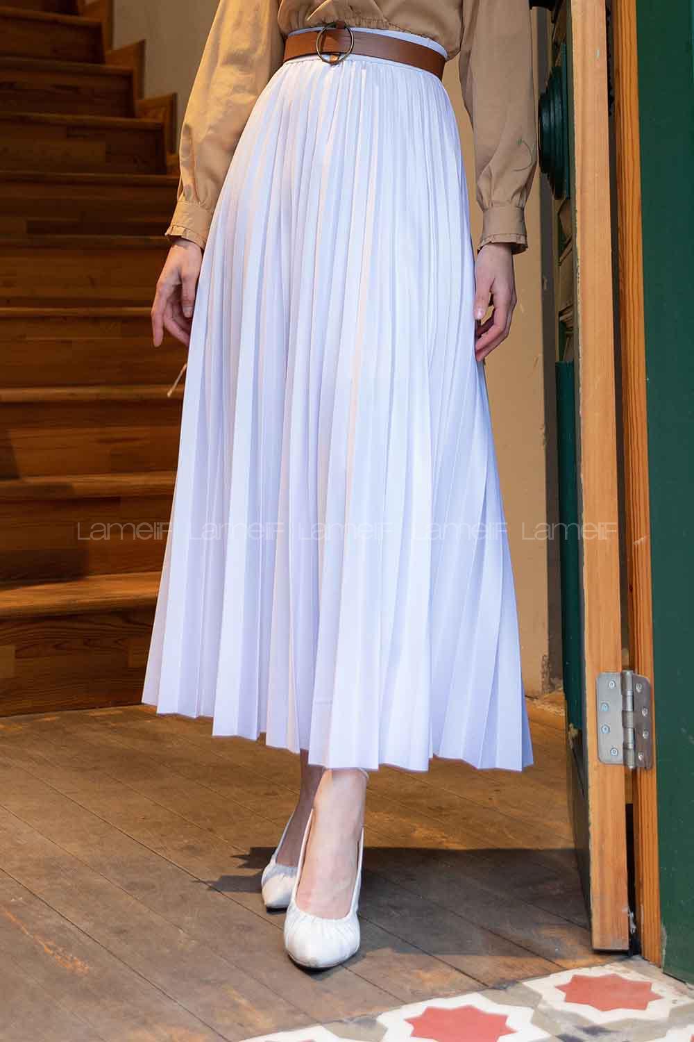 Lamelif Pliseli Etek Beyaz