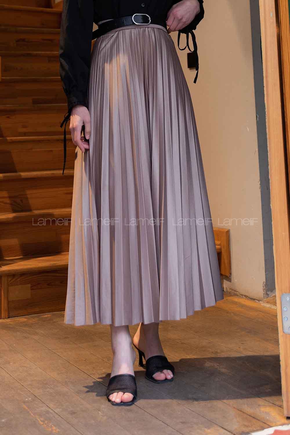 Lamelif Pliseli Etek Vizonrengi