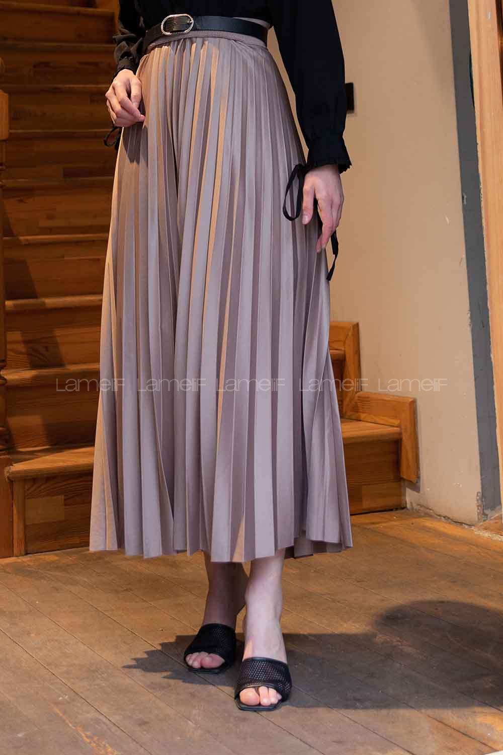 Lamelif Pliseli Etek Vizonrengi