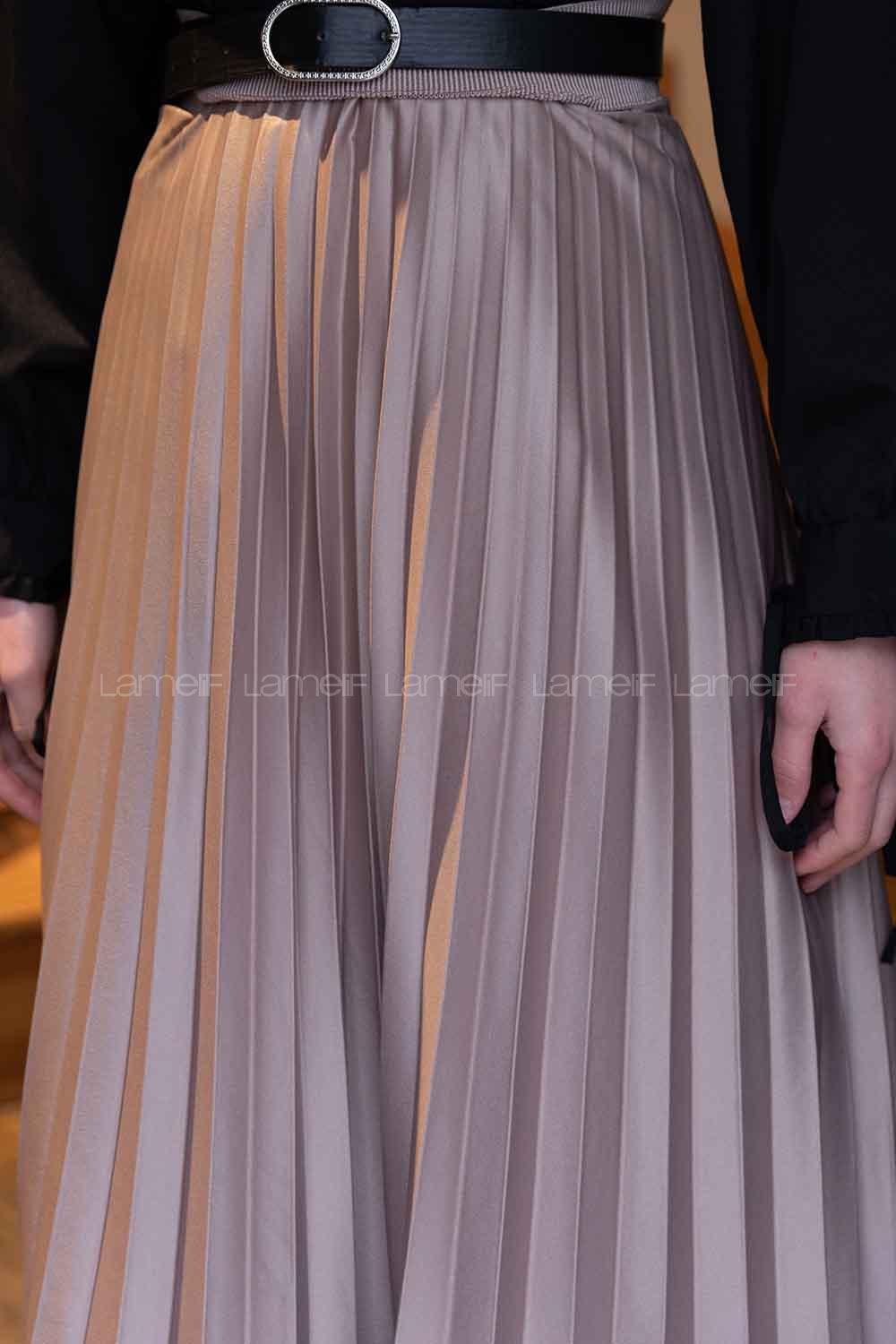 Lamelif Pliseli Etek Vizonrengi