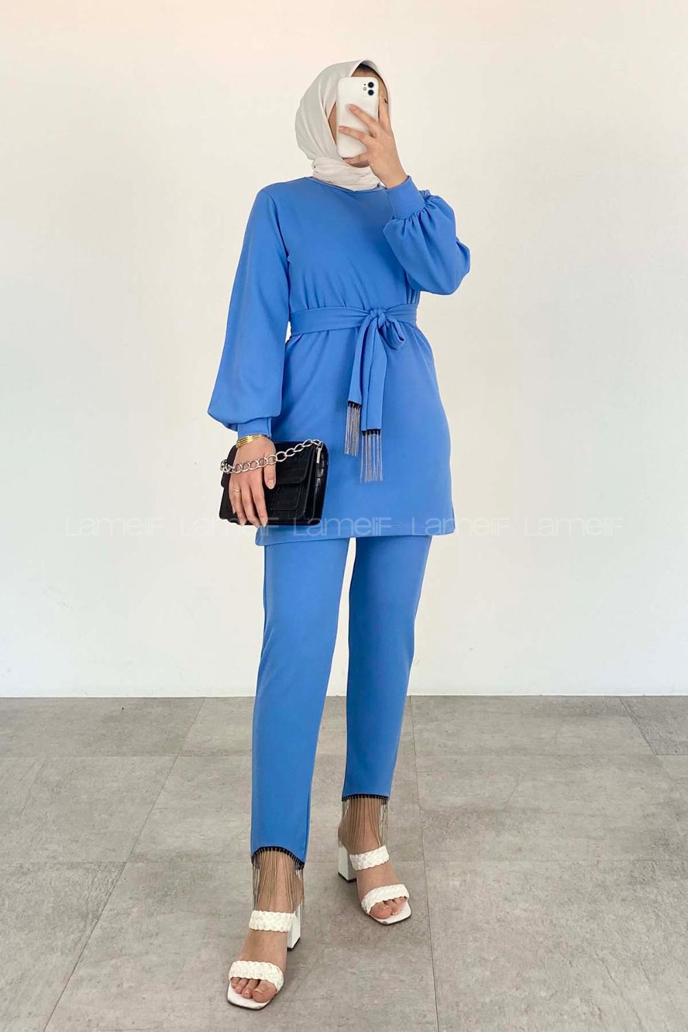 Modalamelif Olivya Zincir Püskül Detaylı İkili Takım Mavi