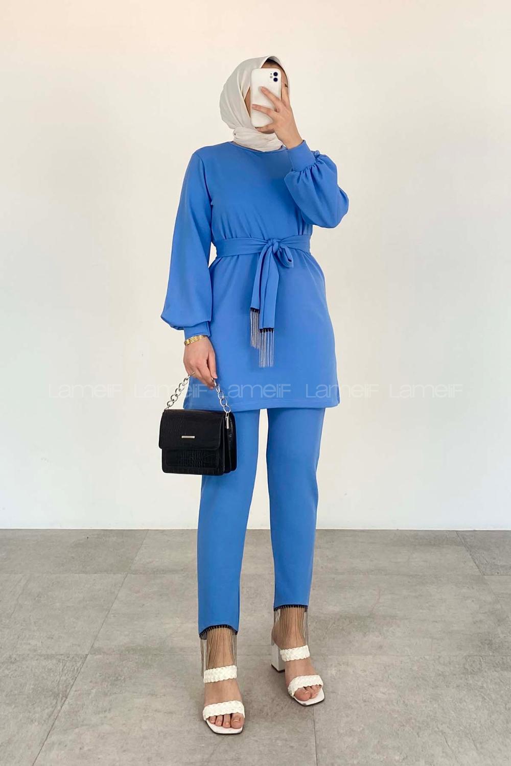 Modalamelif Olivya Zincir Püskül Detaylı İkili Takım Mavi