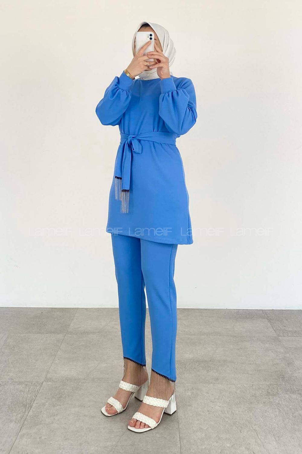 Modalamelif Olivya Zincir Püskül Detaylı İkili Takım Mavi