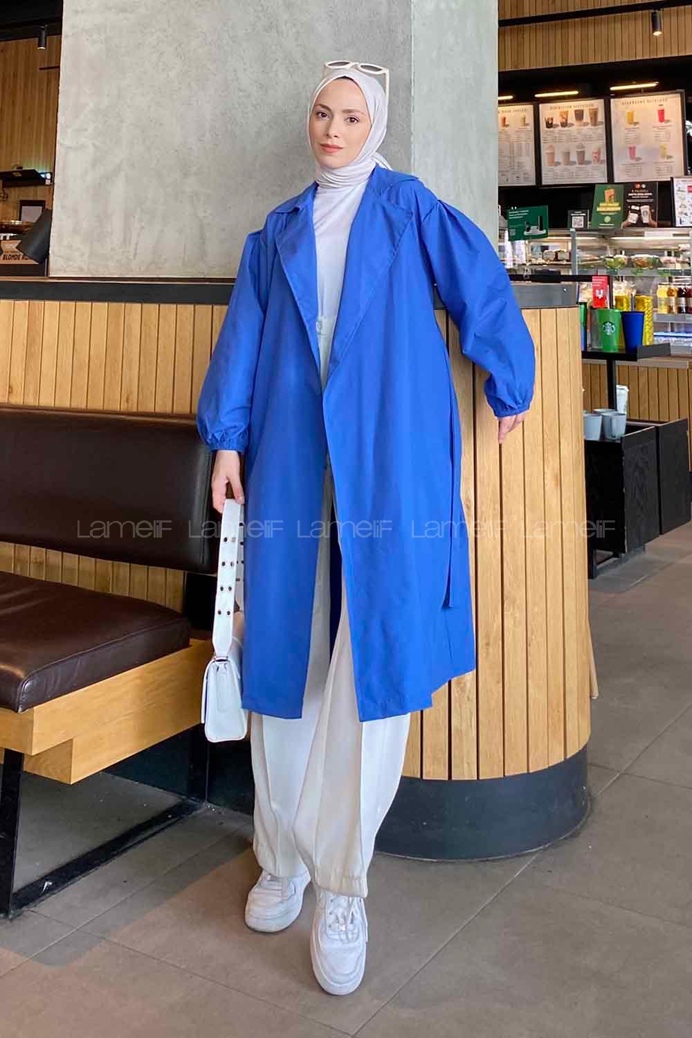 Lamelif Balon Kol Kuşaklı Trençkot Saks Mavisi