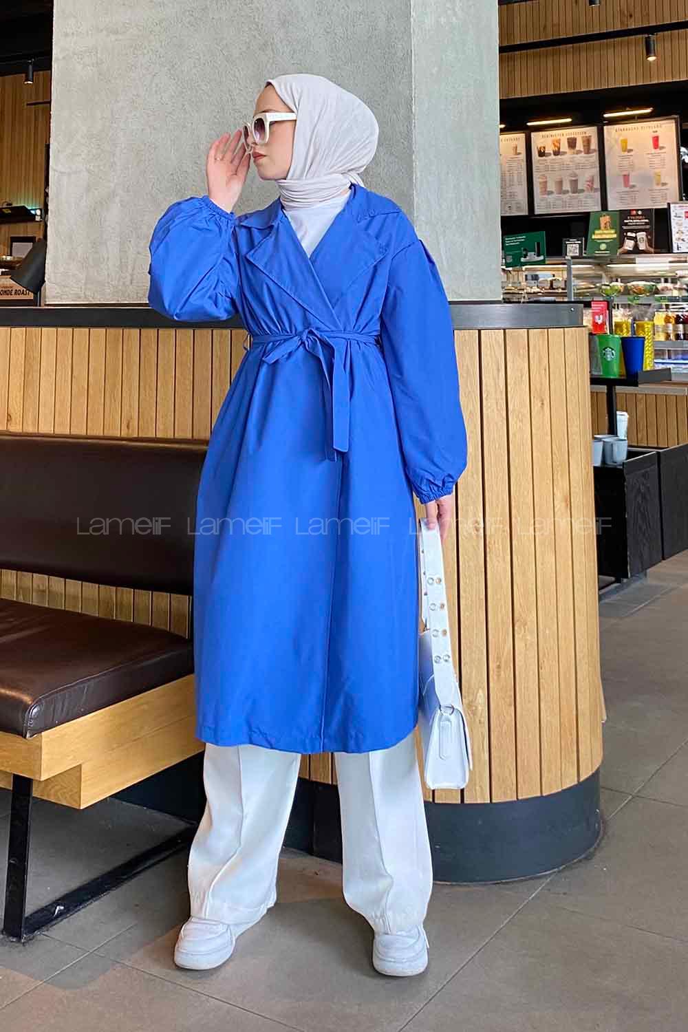 Lamelif Balon Kol Kuşaklı Trençkot Saks Mavisi
