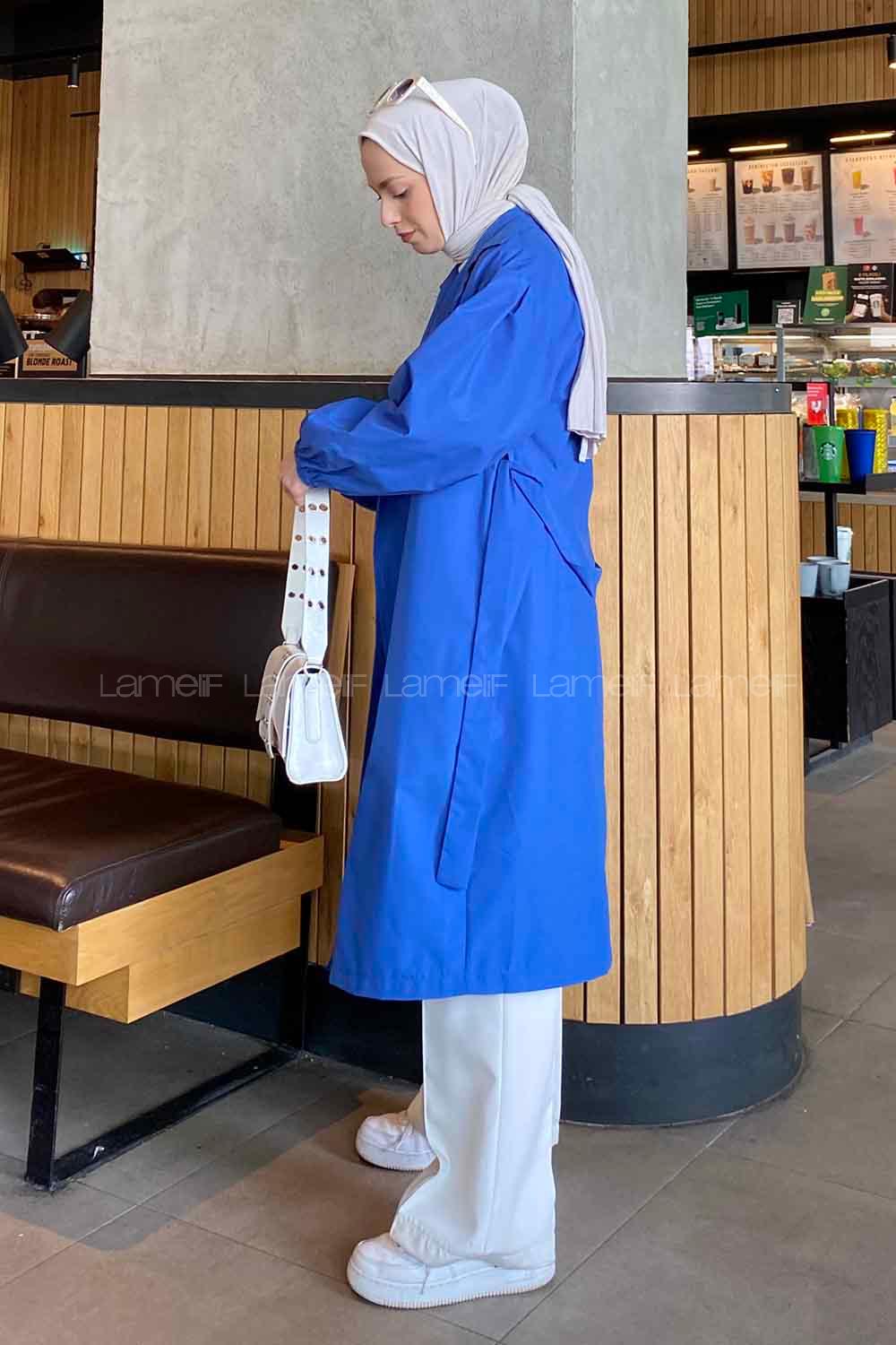 Lamelif Balon Kol Kuşaklı Trençkot Saks Mavisi