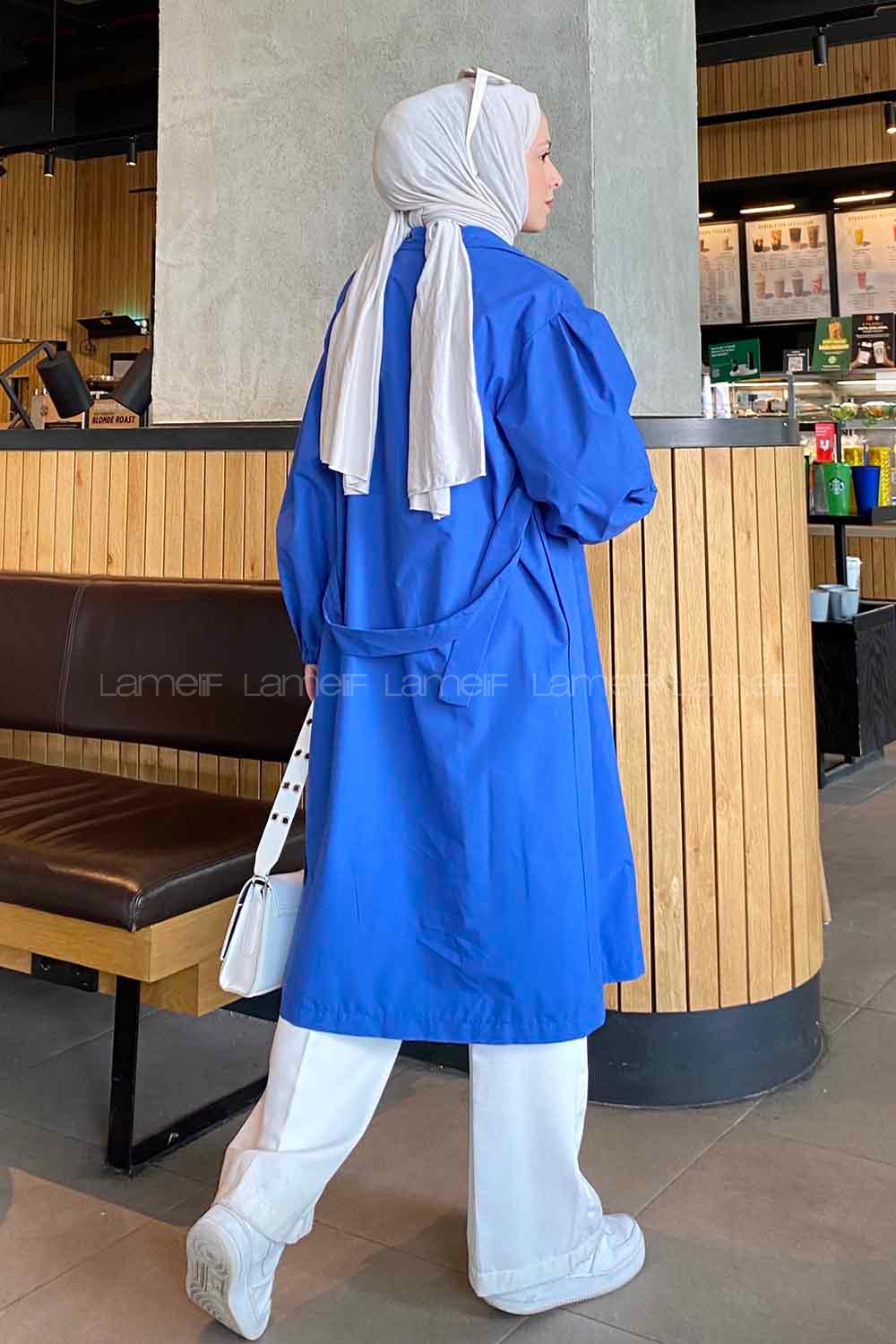 Lamelif Balon Kol Kuşaklı Trençkot Saks Mavisi