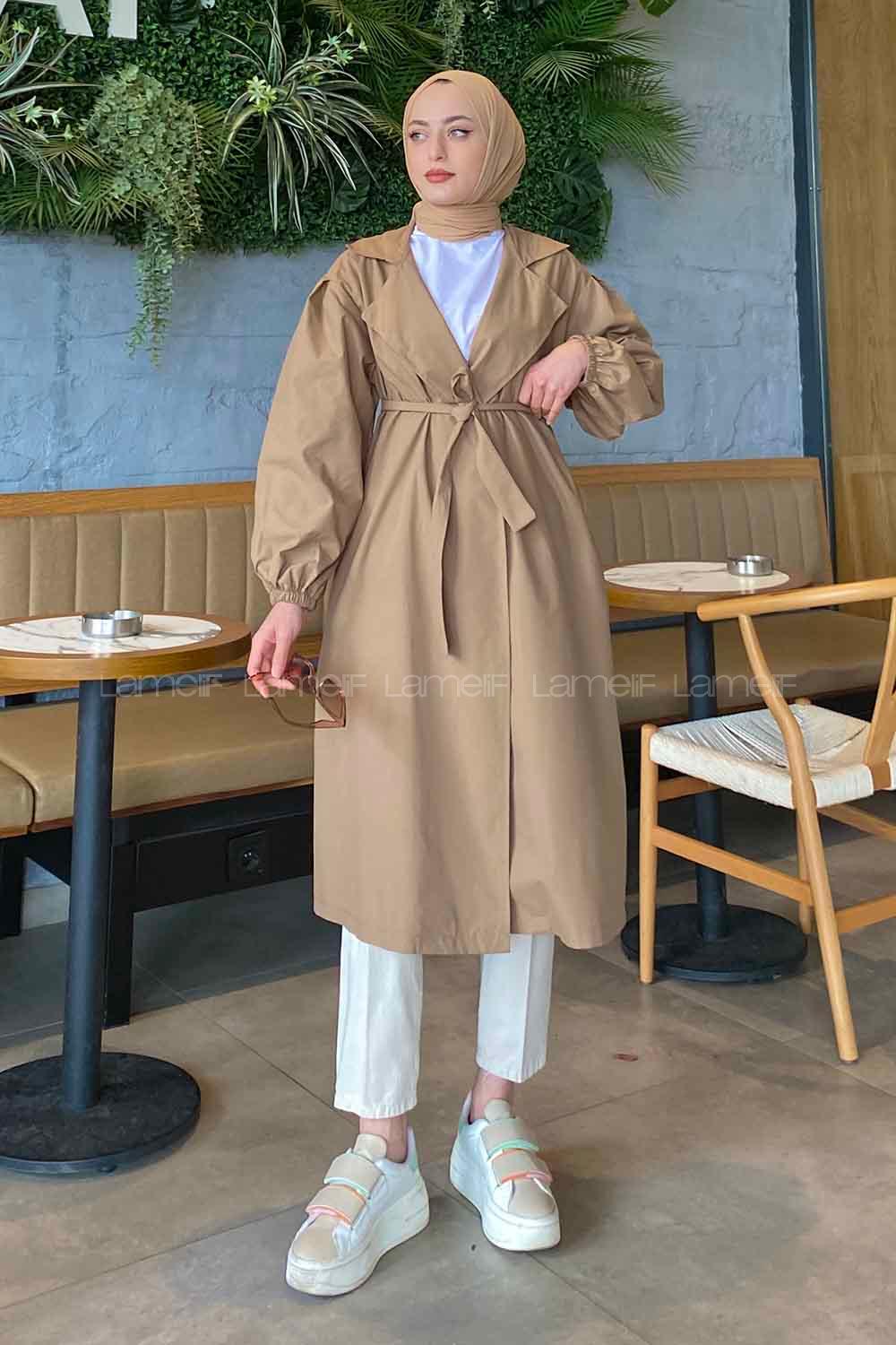 Lamelif Balon Kol Kuşaklı Trençkot Soft Kahve