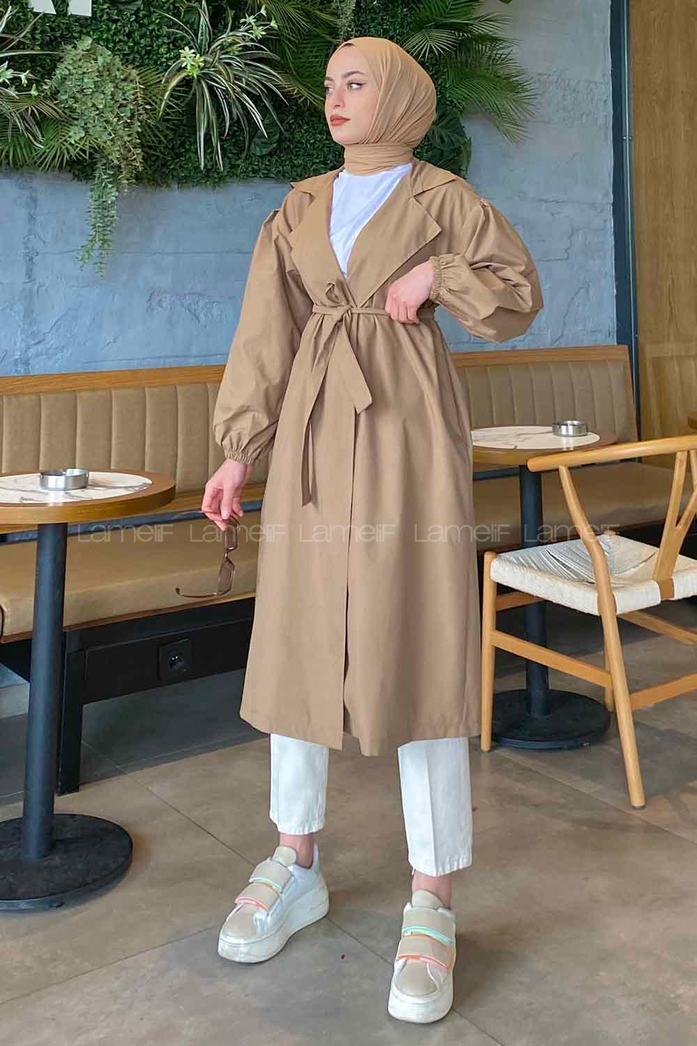 Lamelif Balon Kol Kuşaklı Trençkot Soft Kahve