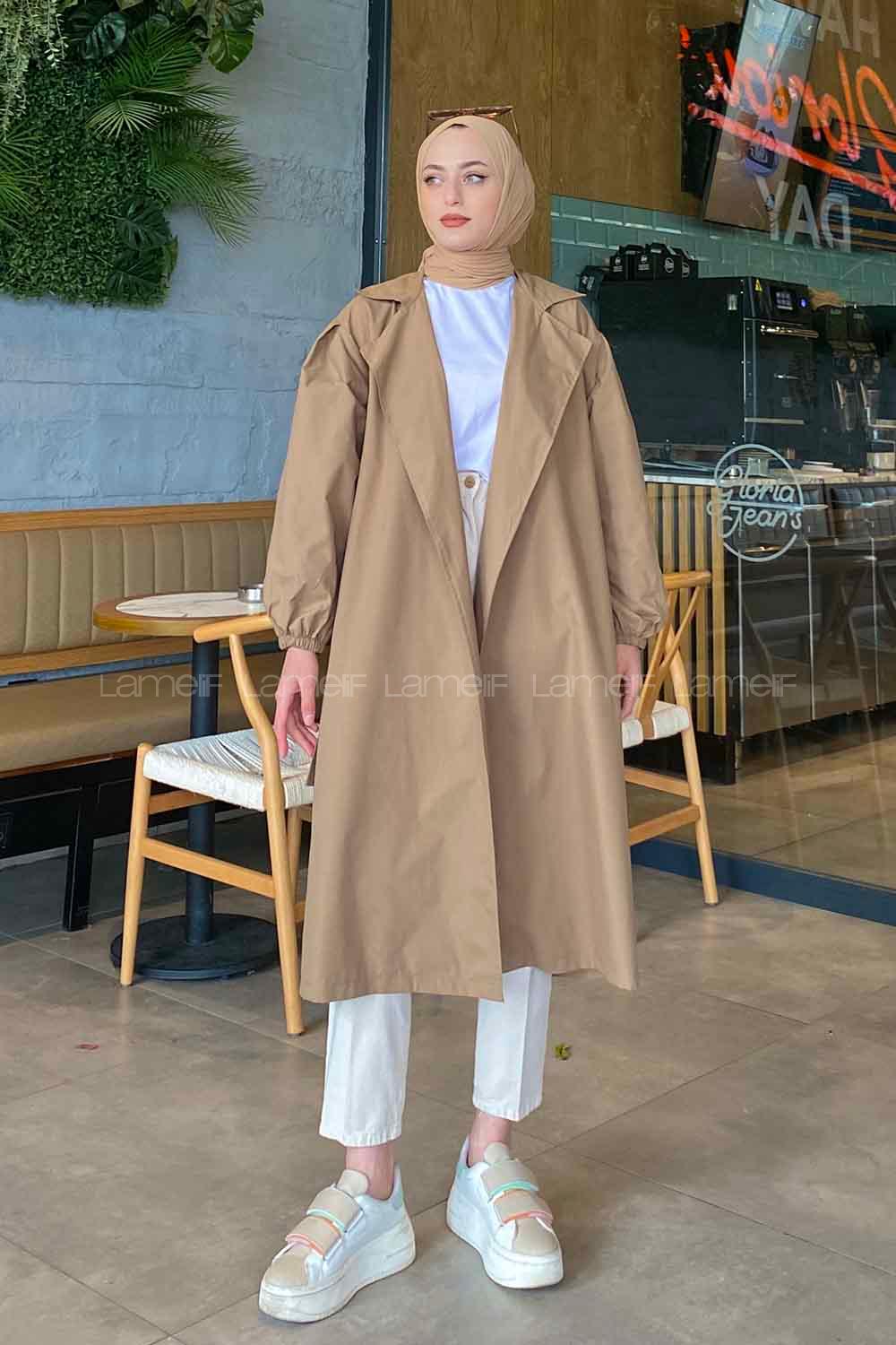 Lamelif Balon Kol Kuşaklı Trençkot Soft Kahve