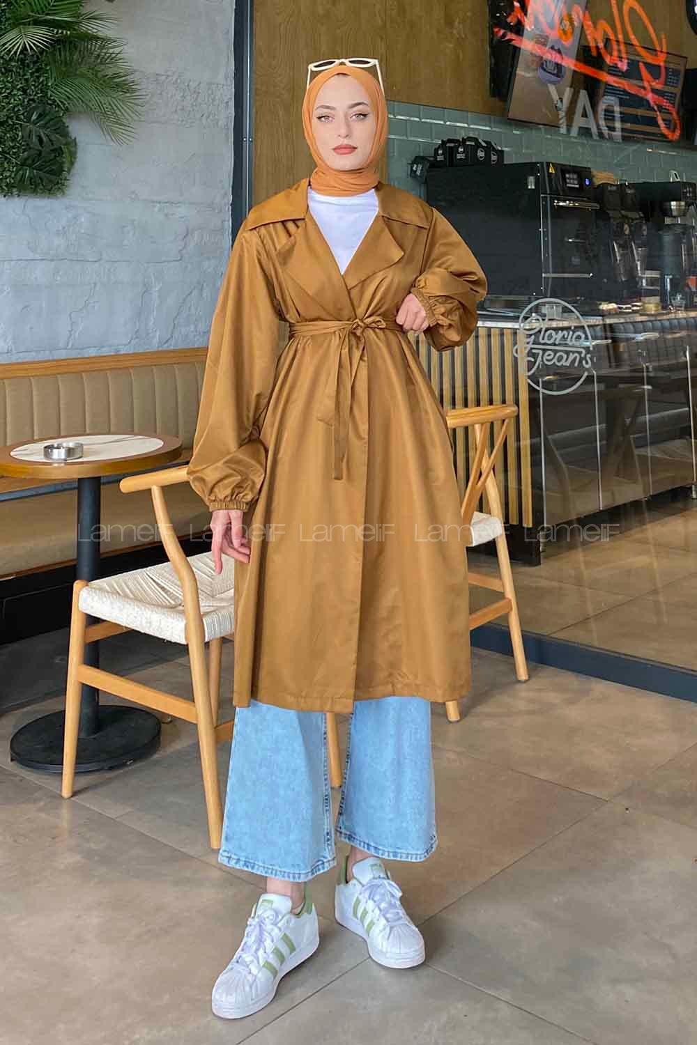 Tan Balloon Sleeve Arm Belted Lycra Trench Coat