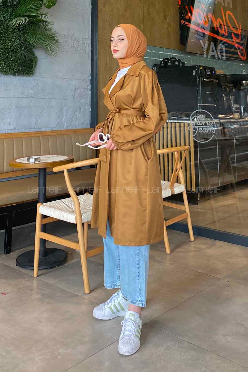 Tan Balloon Sleeve Arm Belted Lycra Trench Coat
