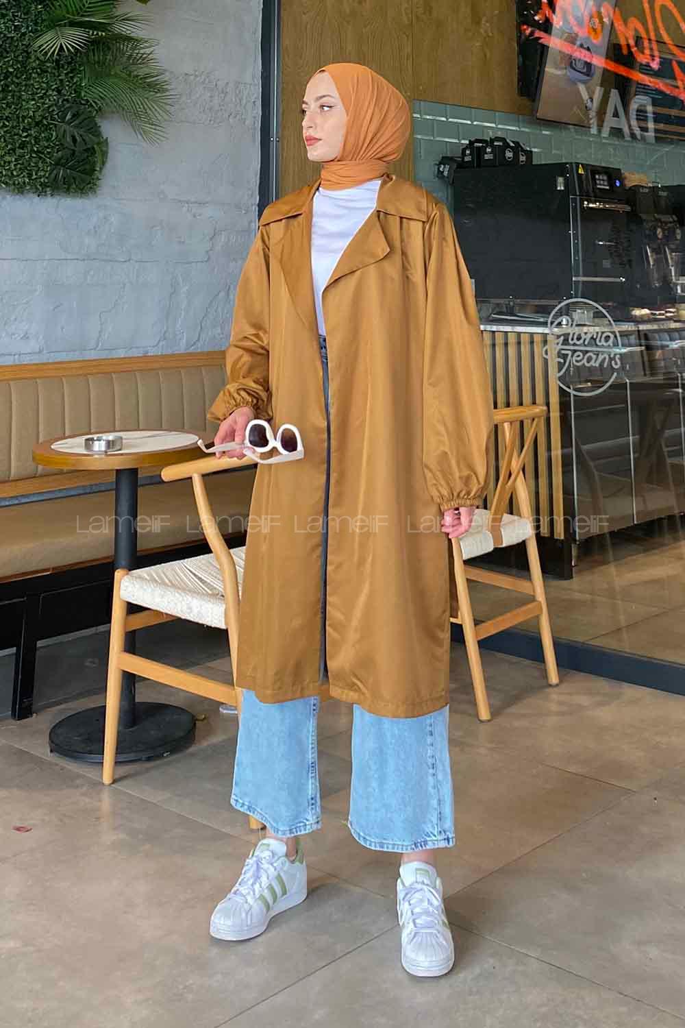 Tan Balloon Sleeve Arm Belted Lycra Trench Coat