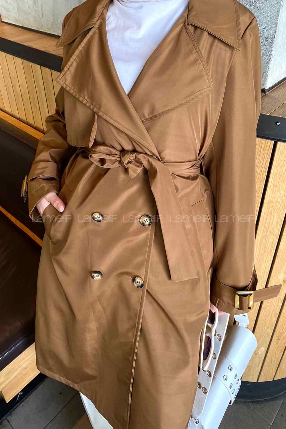 Tan Long Arm Belted Cotton Trench Coat