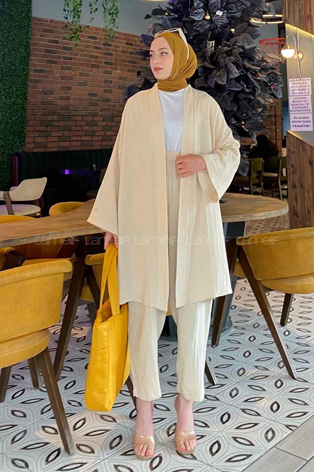 Stone Scarf Neck Long Arm Without Accessories Linen Cotton Fabric Regular Trousers Comfortable Suit