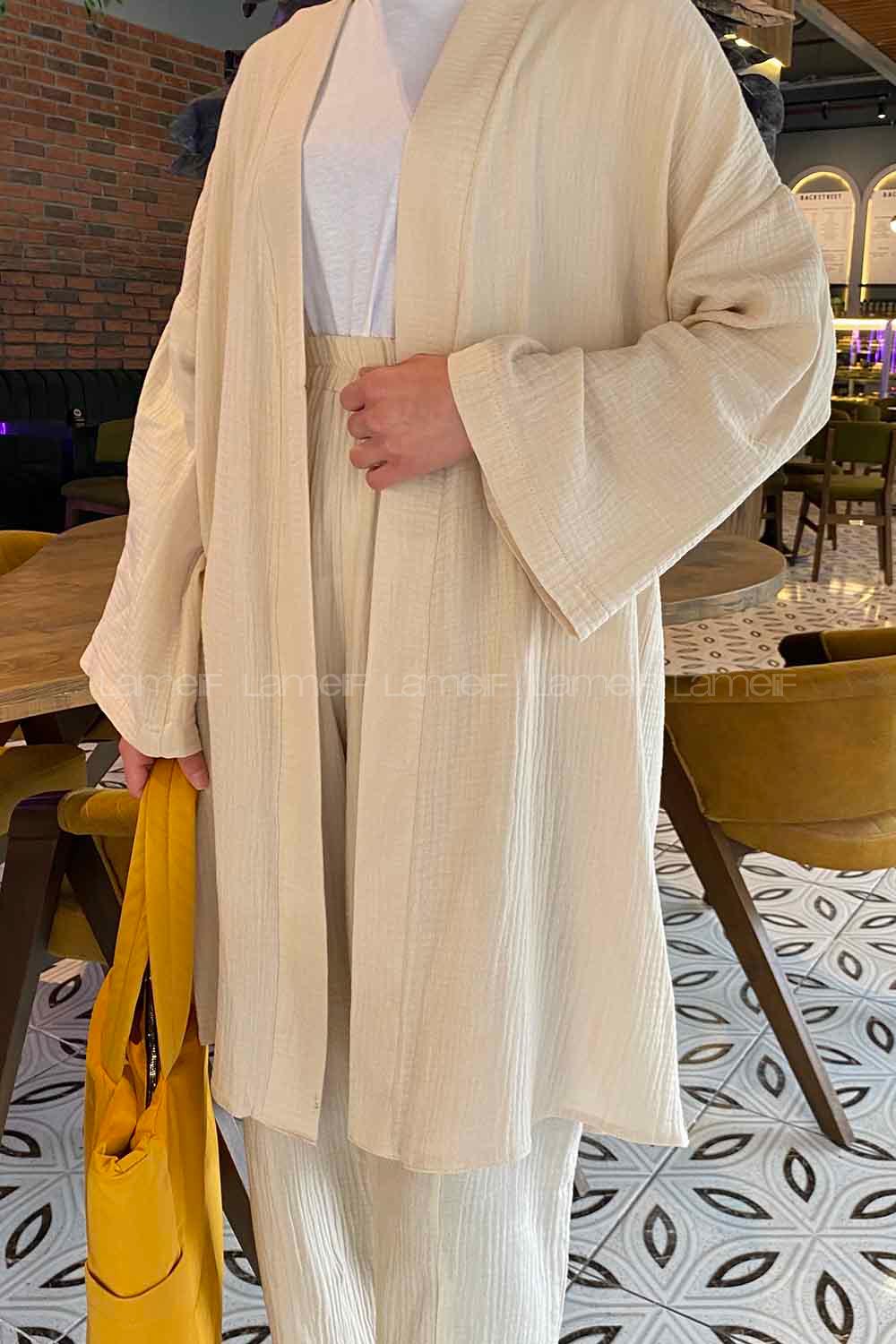 Stone Scarf Neck Long Arm Without Accessories Linen Cotton Fabric Regular Trousers Comfortable Suit