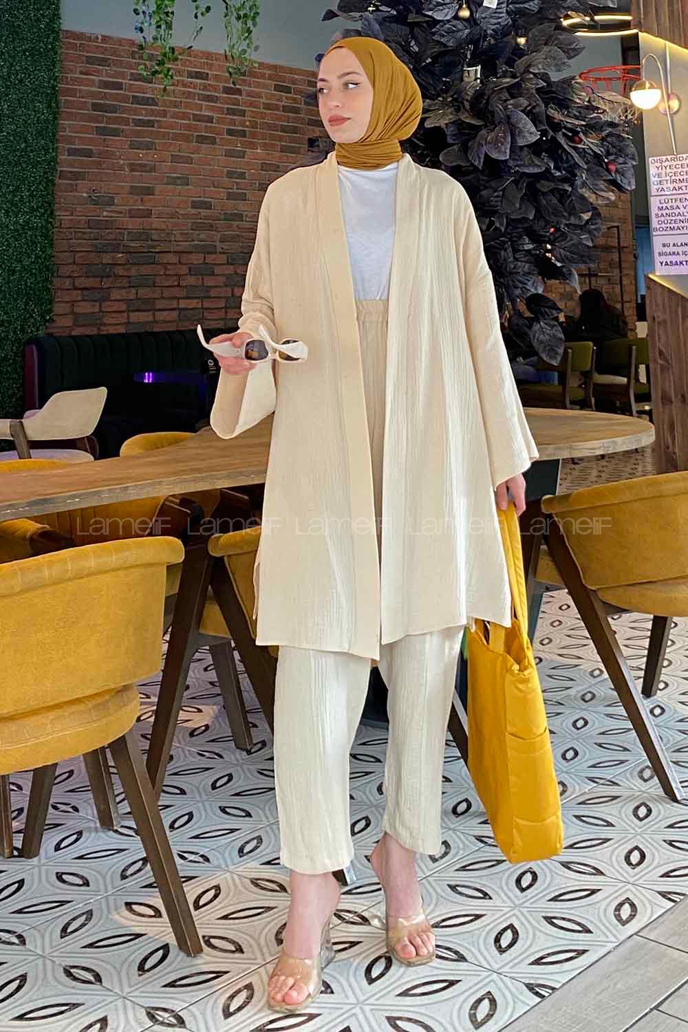 Stone Scarf Neck Long Arm Without Accessories Linen Cotton Fabric Regular Trousers Comfortable Suit