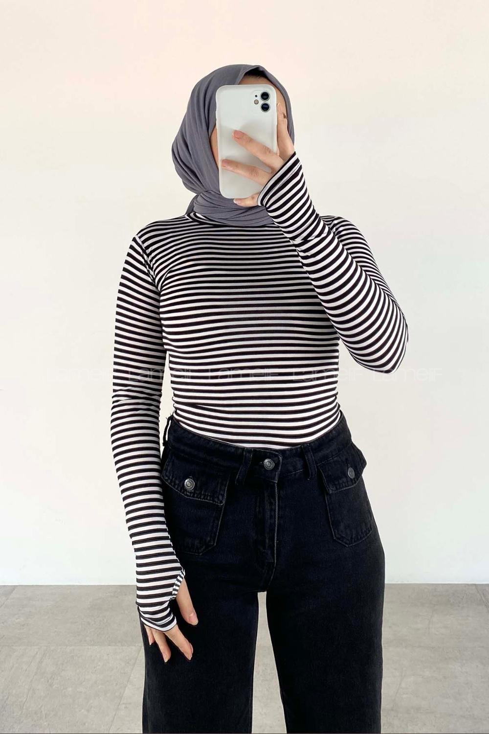 Lamelif Eldiven Detaylı Çizgili Balıkcı Yaka  Body Siyah Beyaz