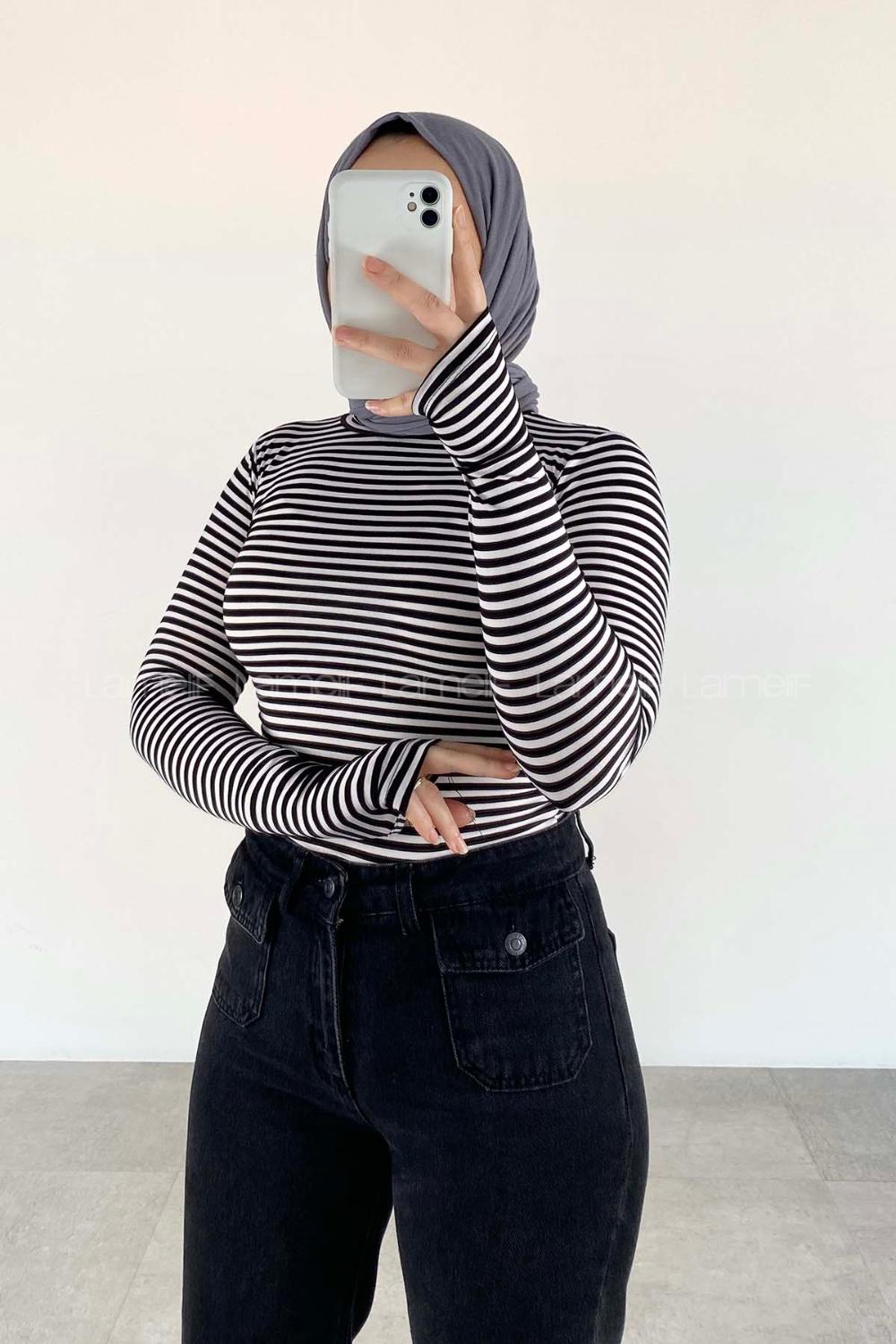 Lamelif Eldiven Detaylı Çizgili Balıkcı Yaka  Body Siyah Beyaz