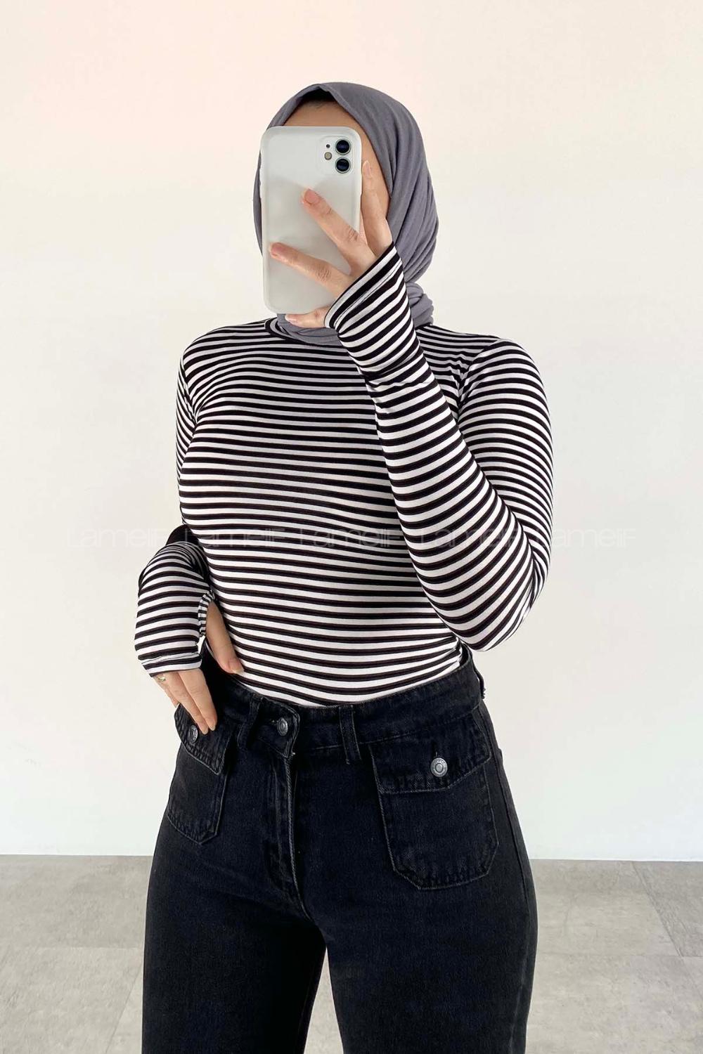 Lamelif Eldiven Detaylı Çizgili Balıkcı Yaka  Body Siyah Beyaz