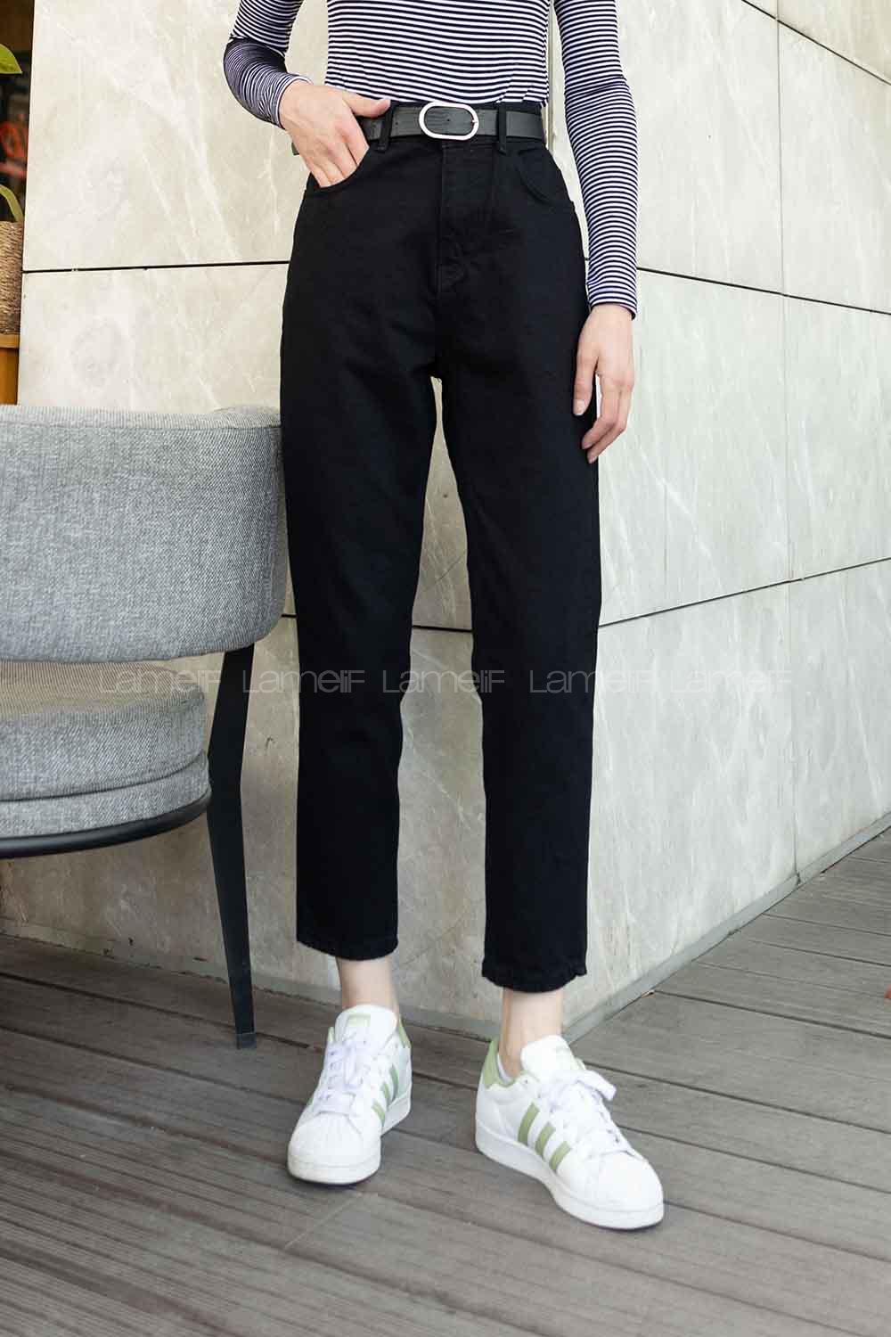 Black Blue Denim High Waist 5 Pockets Pants