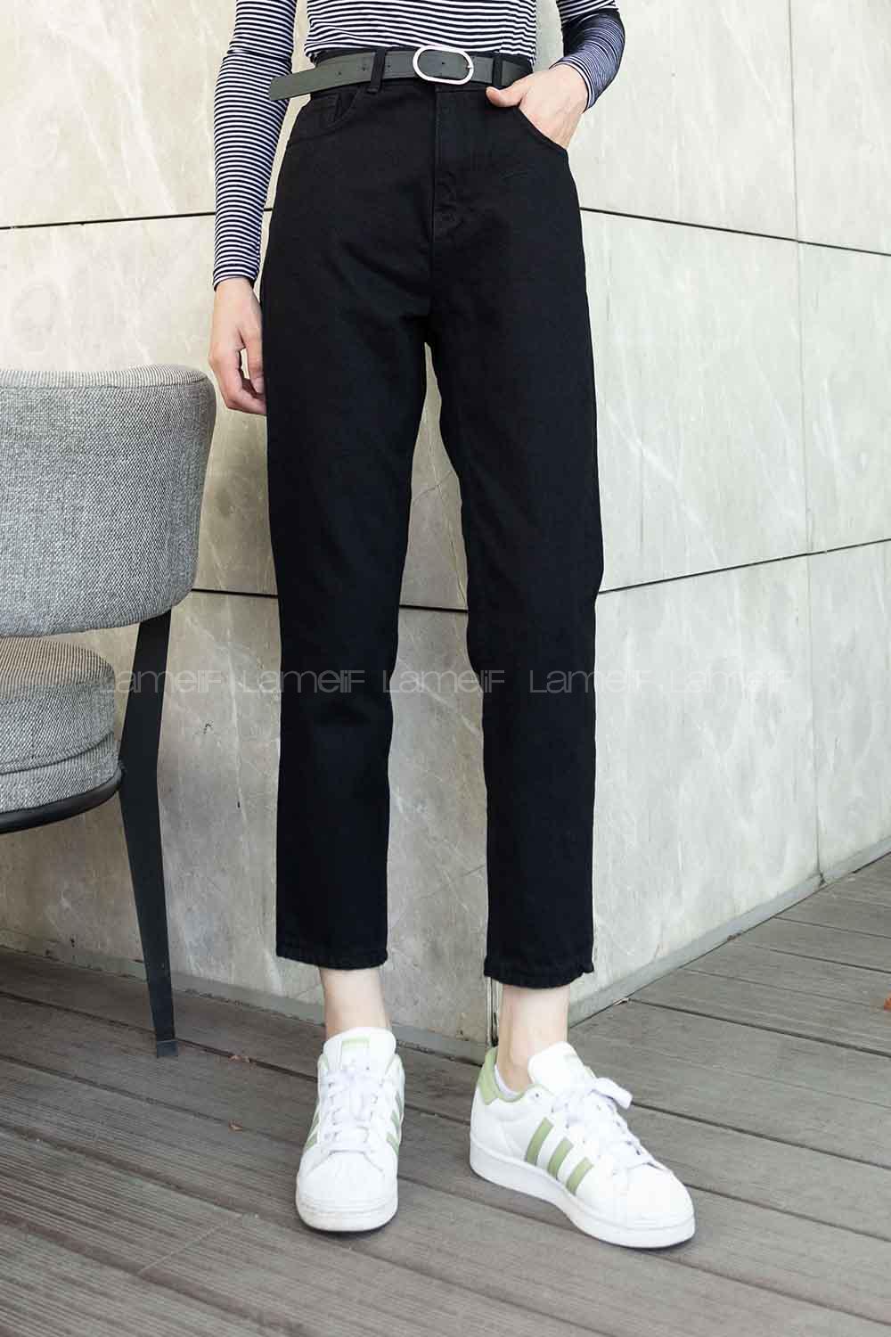 Black Blue Denim High Waist 5 Pockets Pants