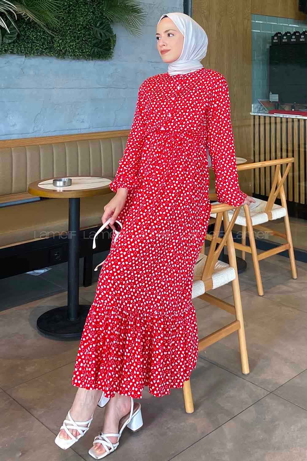 Modalamelif Bel Büzgülü Kalp Desen Elbise Kırmızı