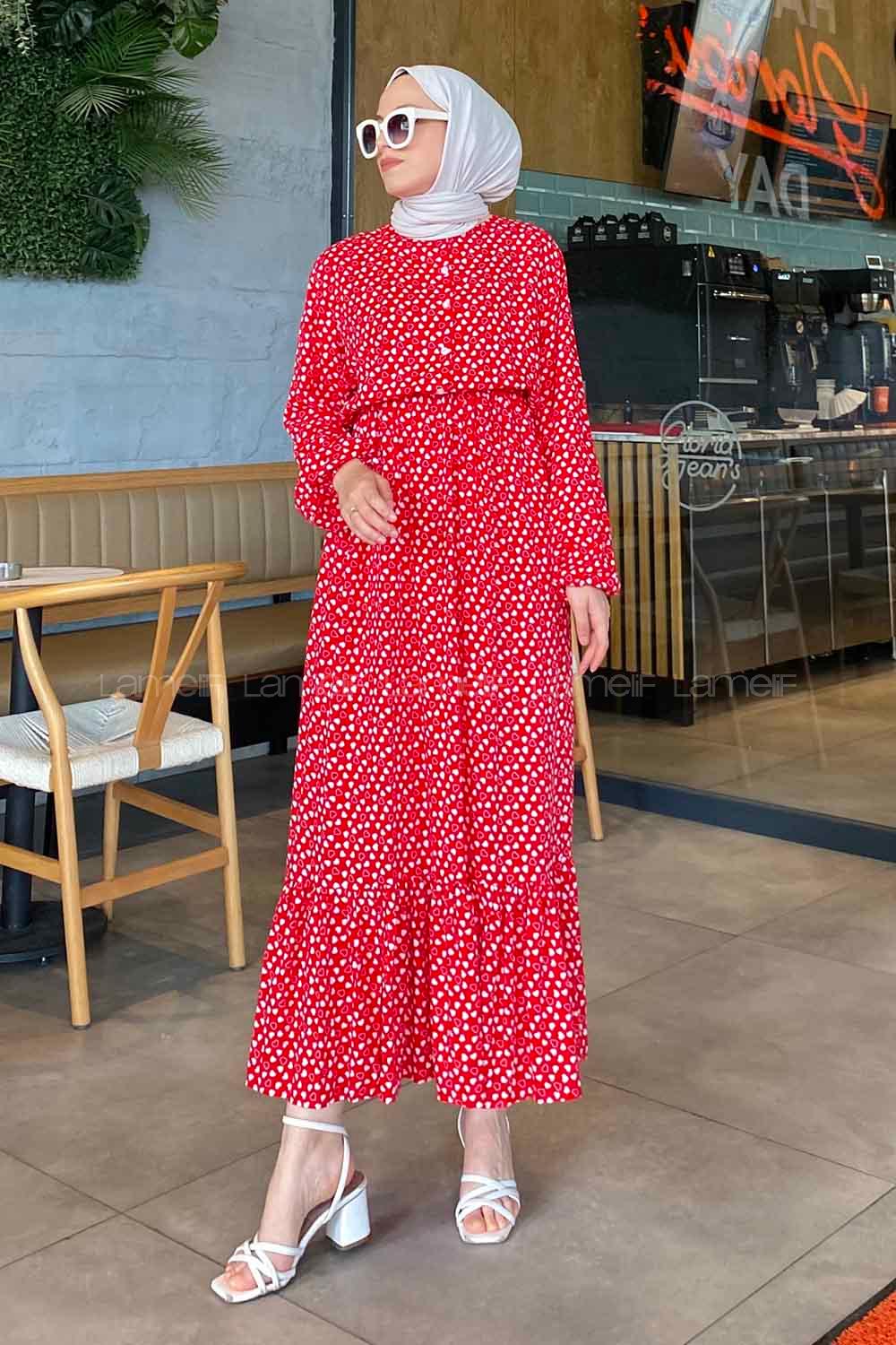 Modalamelif Bel Büzgülü Kalp Desen Elbise Kırmızı