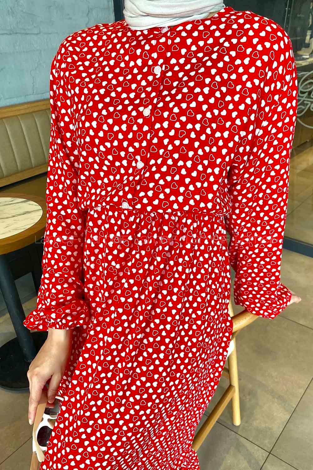 Modalamelif Bel Büzgülü Kalp Desen Elbise Kırmızı