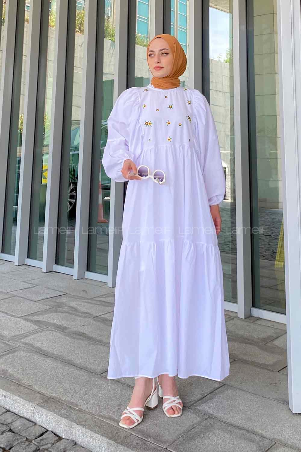 White Crew Neck Cotton Printed Dresess