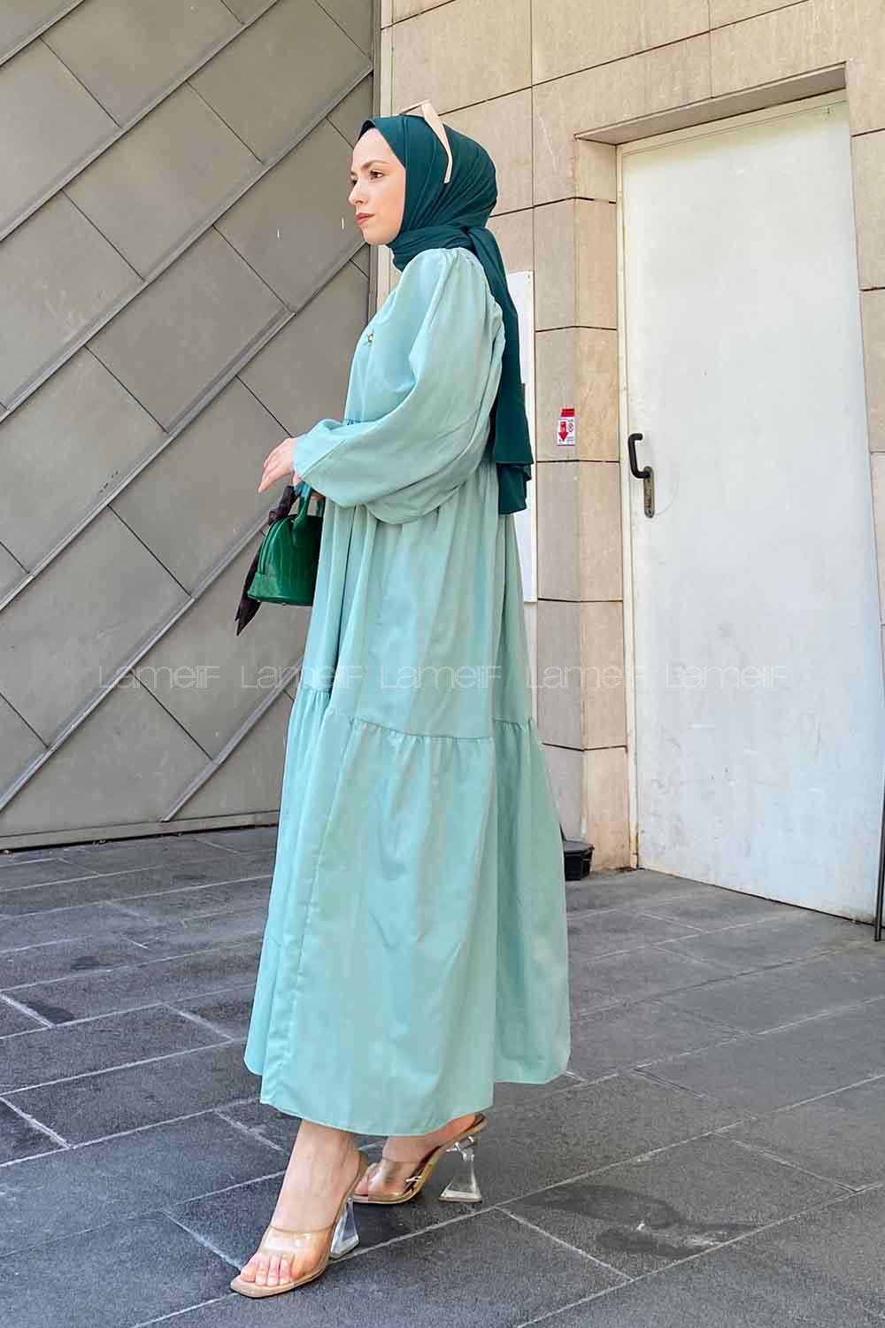 Lamelif Elica Tesettür Elbise Mint Yeşili