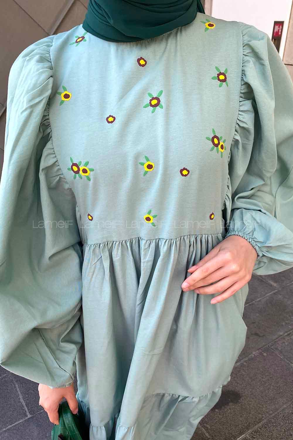Lamelif Elica Tesettür Elbise Mint Yeşili