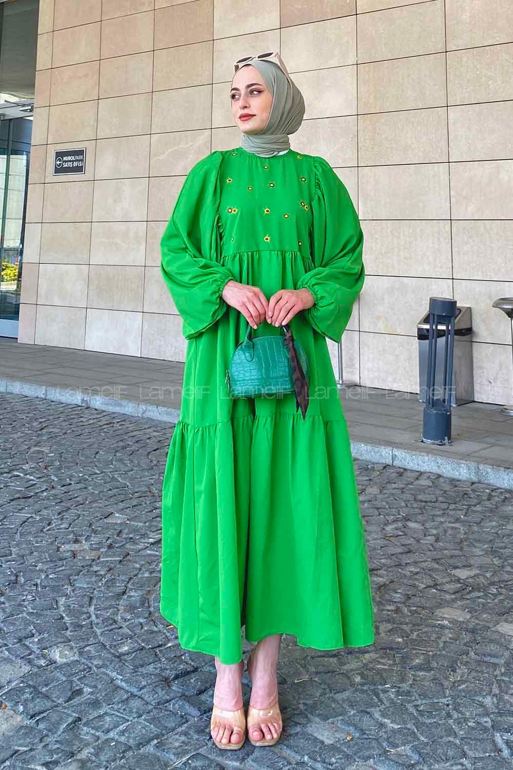Lamelif Elica Tesettür Elbise Yeşil