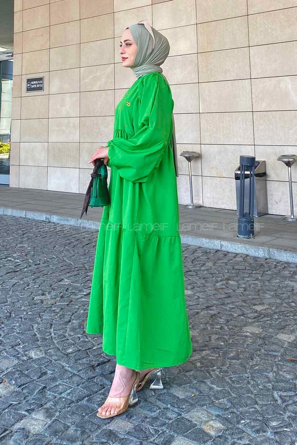 Lamelif Elica Tesettür Elbise Yeşil
