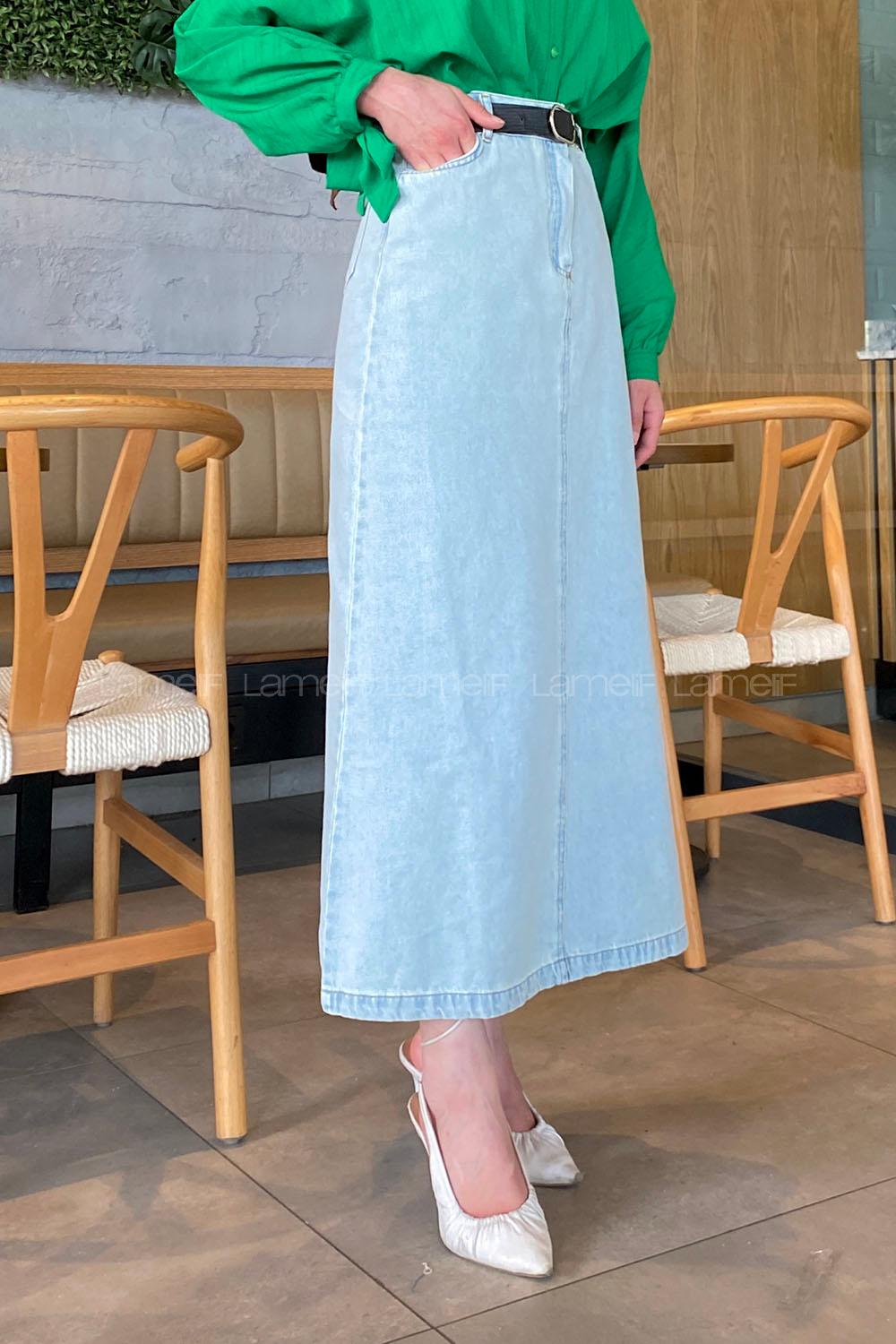 Ice Blue Denim Unprinted Straight Skirt Skirt