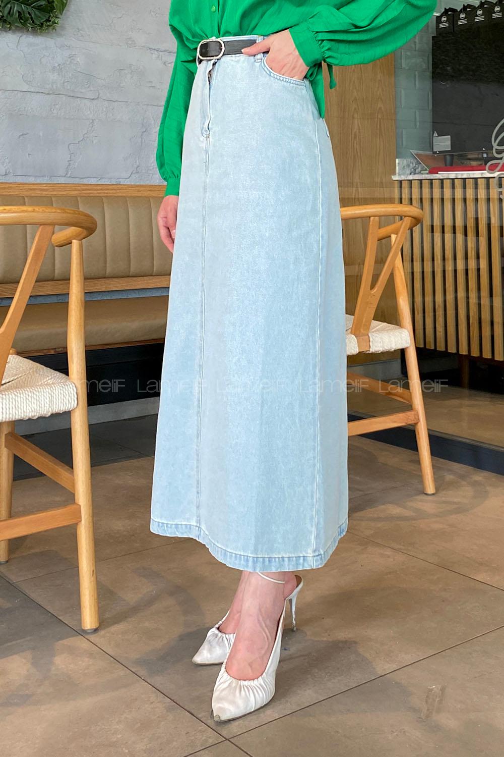 Ice Blue Denim Unprinted Straight Skirt Skirt