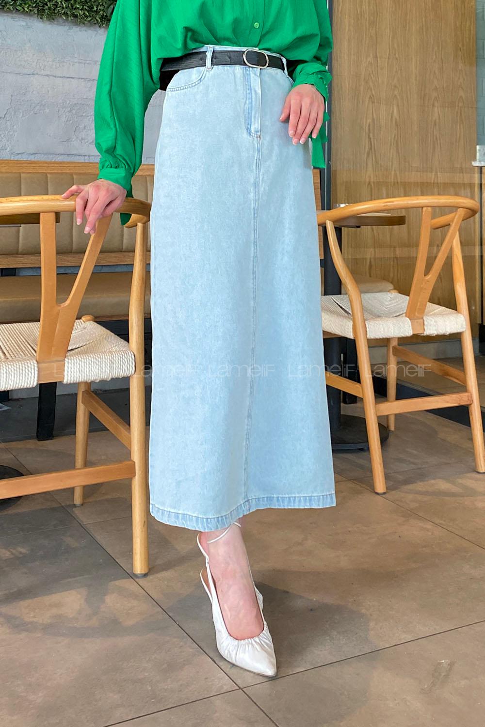 Ice Blue Denim Unprinted Straight Skirt Skirt